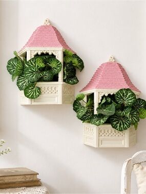 Burwood Gazebo Pink Wall Pocket Set of 2 HOMCO Cottagecore Decor 8" Vtg 80s